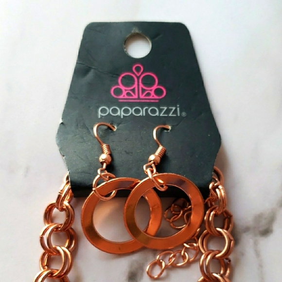 Paparazzi Rose Goldtone Statement Necklace with Interlocking Rings & Earring Set - Picture 2 of 6